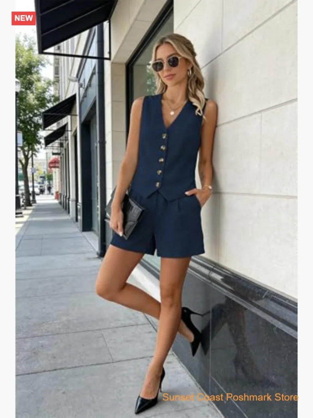Womens 2 Piece Button Down Vest and Shorts Set with Pockets Matching Summer - Picture 6 of 7
